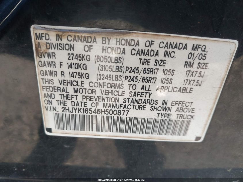 2006 Honda Ridgeline Rtl VIN: 2HJYK16546H500877 Lot: 43956028