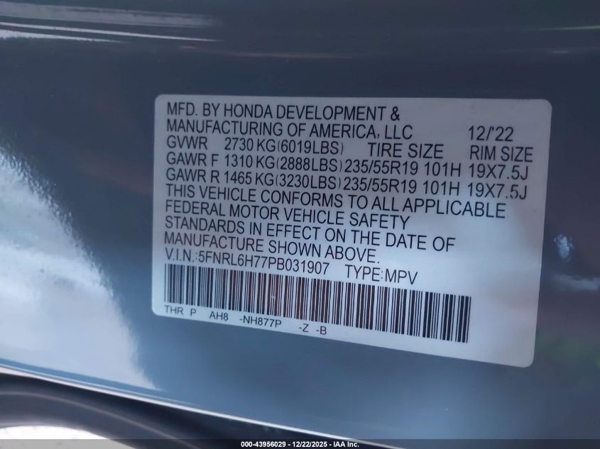 2023 Honda Odyssey Sport VIN: 5FNRL6H77PB031907 Lot: 43956029