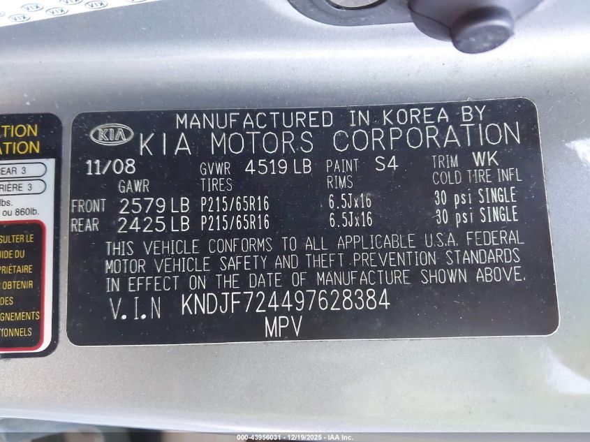 2009 Kia Sportage Lx VIN: KNDJF724497628384 Lot: 43956031