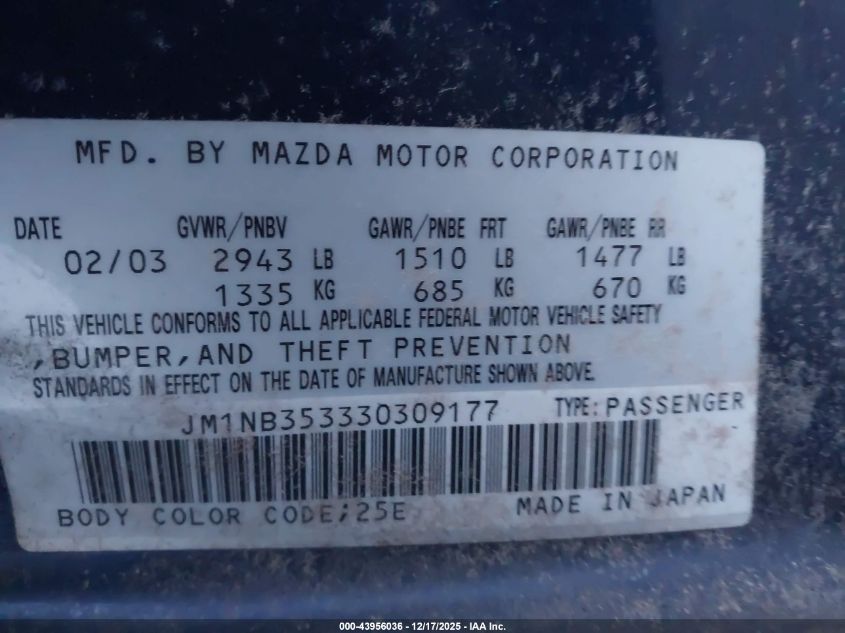 2003 Mazda Mx-5 Miata Cloth/Ls/Se/Shinsen VIN: JM1NB353330309177 Lot: 43956036