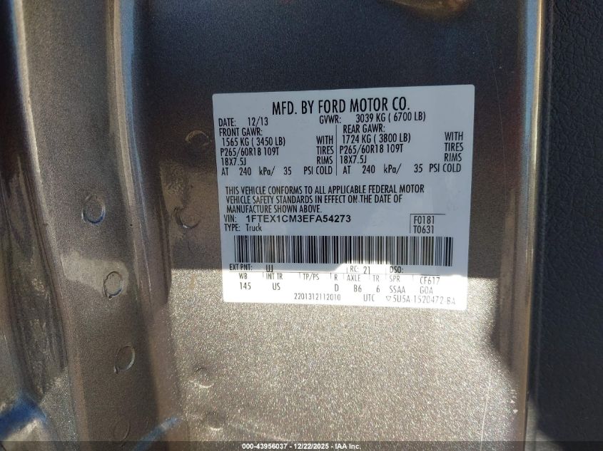 2014 Ford F-150 Xlt VIN: 1FTEX1CM3EFA54273 Lot: 43956037
