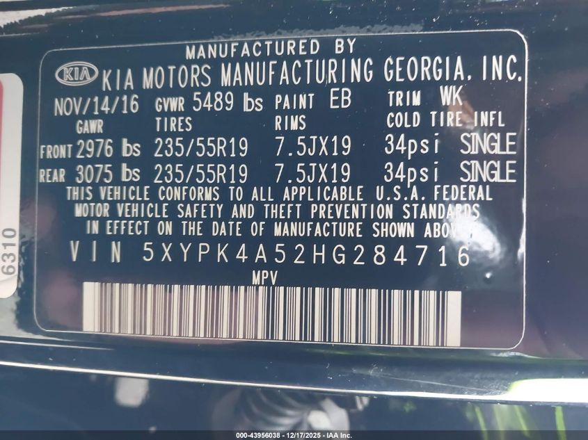 2017 Kia Sorento 3.3L Sx VIN: 5XYPK4A52HG284716 Lot: 43956038