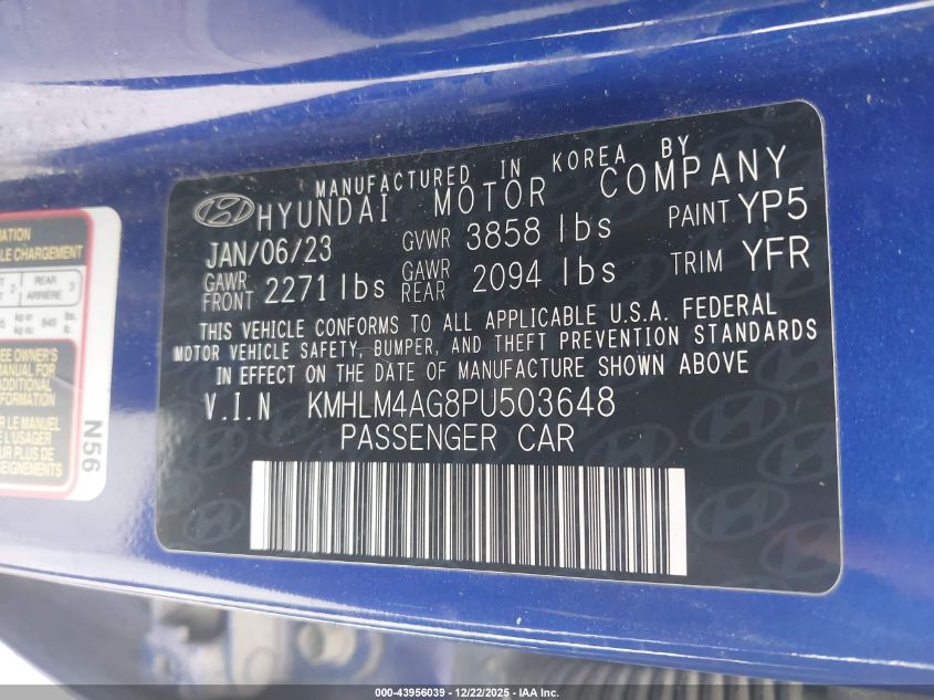 2023 Hyundai Elantra Sel VIN: KMHLM4AG8PU503648 Lot: 43956039