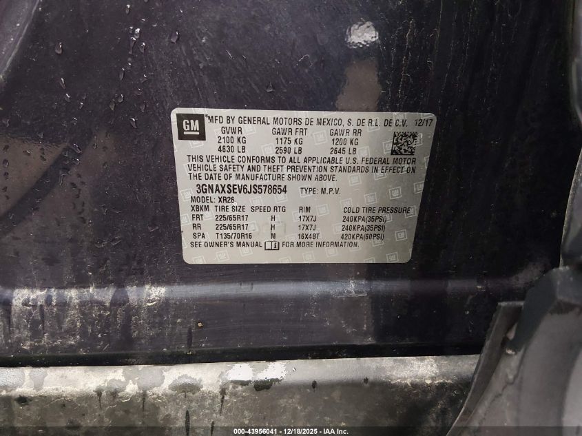 2018 Chevrolet Equinox Lt VIN: 3GNAXSEV6JS578654 Lot: 43956041