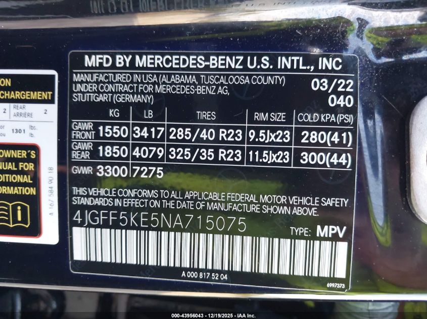 2022 Mercedes-Benz Gls 450 4Matic VIN: 4JGFF5KE5NA715075 Lot: 43956043