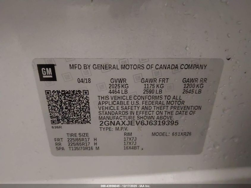 2018 Chevrolet Equinox Lt VIN: 2GNAXJEV6J6319395 Lot: 43956045