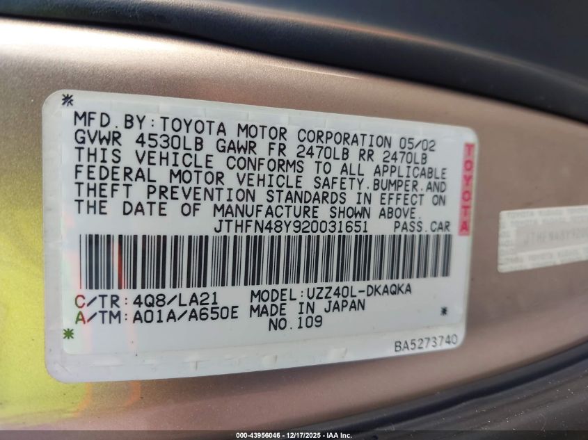 2002 Lexus Sc 430 VIN: JTHFN48Y920031651 Lot: 43956046