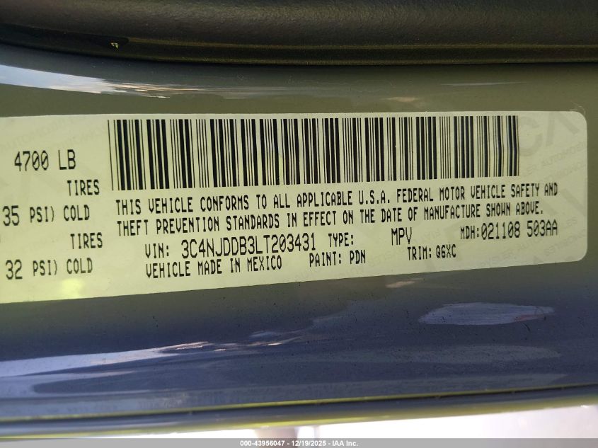 2020 Jeep Compass Trailhawk 4X4 VIN: 3C4NJDDB3LT203431 Lot: 43956047