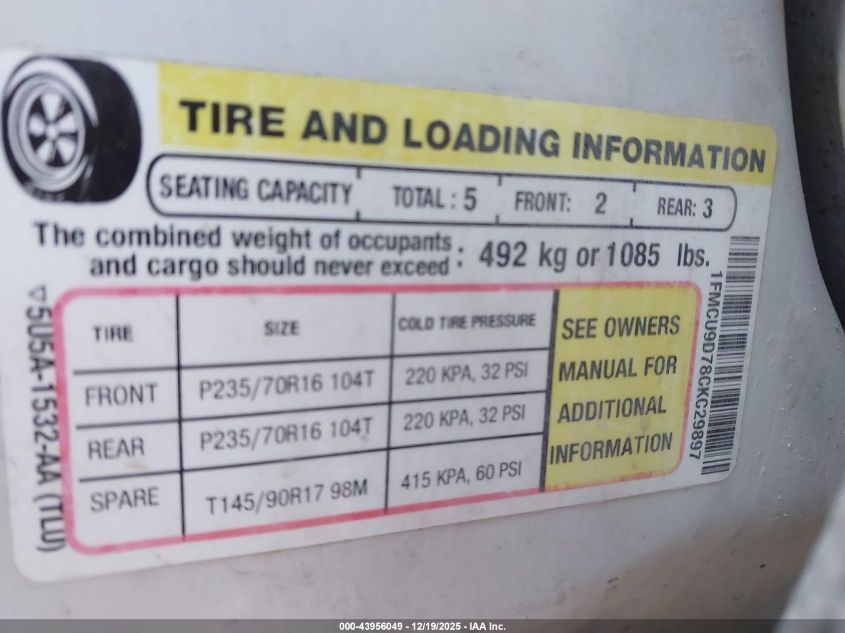 2012 Ford Escape Xlt VIN: 1FMCU9D78CKC29897 Lot: 43956049