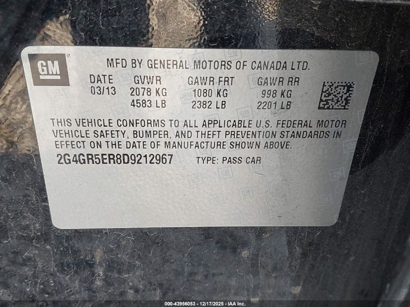 2013 Buick Regal VIN: 2G4GR5ER8D9212967 Lot: 43956053