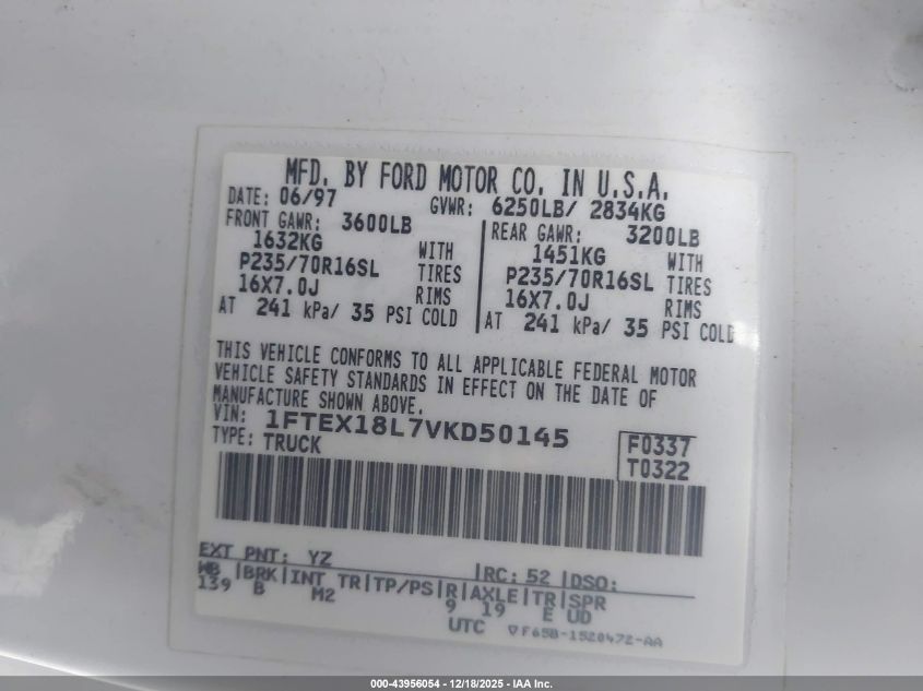 1997 Ford F-150 Lariat/Xl/Xlt VIN: 1FTEX18L7VKD50145 Lot: 43956054