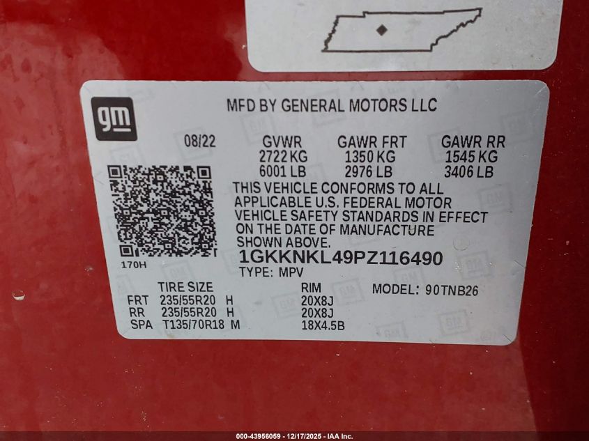 2023 GMC Acadia Fwd Sle VIN: 1GKKNKL49PZ116490 Lot: 43956059