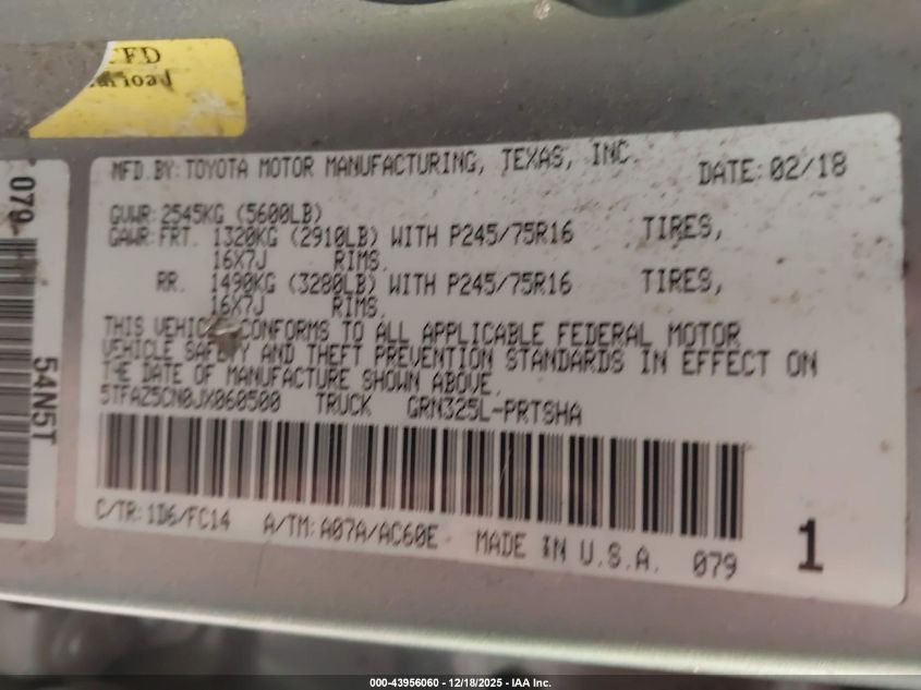 2018 Toyota Tacoma Sr5 V6 VIN: 5TFAZ5CN0JX060500 Lot: 43956060
