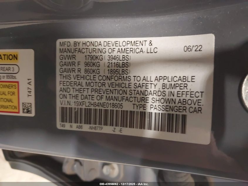 2022 Honda Civic Sport VIN: 19XFL2H84NE018605 Lot: 43956062