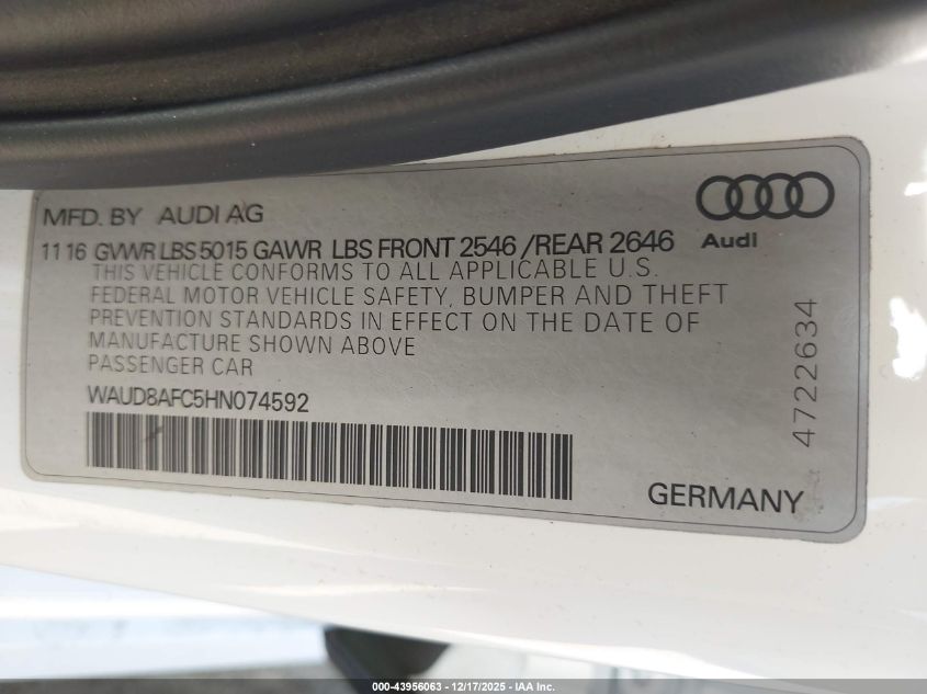 2017 Audi A6 2.0T Premium VIN: WAUD8AFC5HN074592 Lot: 43956063