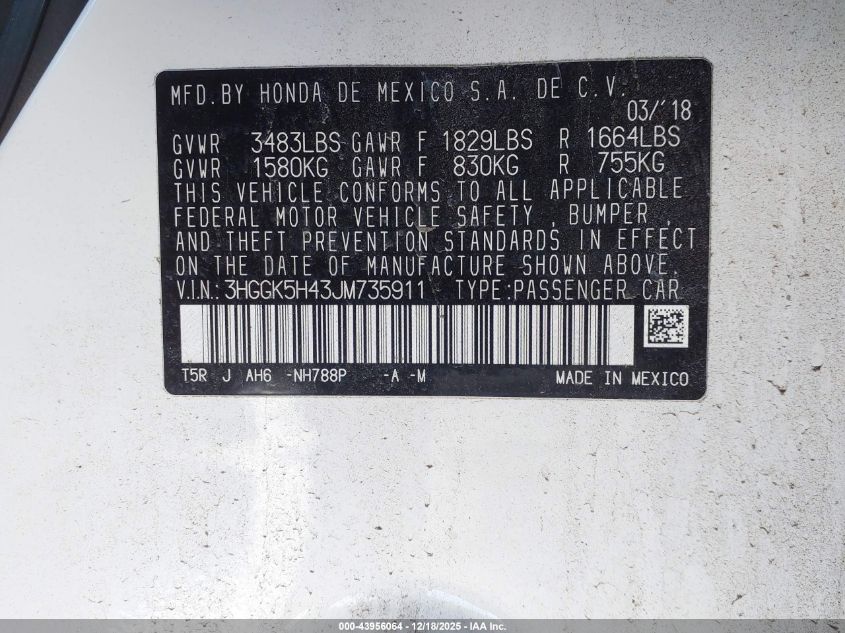 2018 Honda Fit Lx VIN: 3HGGK5H43JM735911 Lot: 43956064