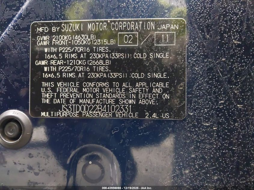2011 Suzuki Grand Vitara Premium/Premium W/Alloy Wheels VIN: JS3TD0D22B4102331 Lot: 43956066