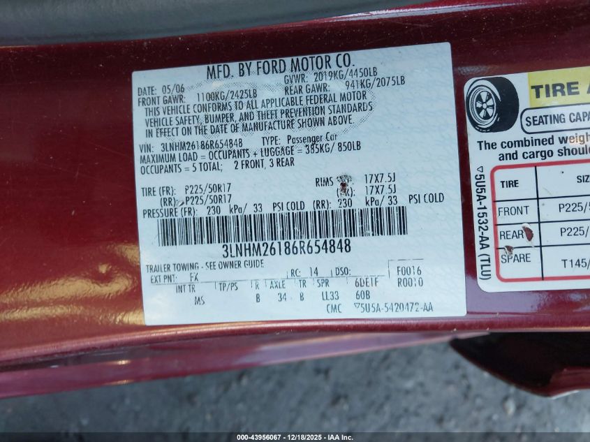 2006 Lincoln Zephyr VIN: 3LNHM26186R654848 Lot: 43956067