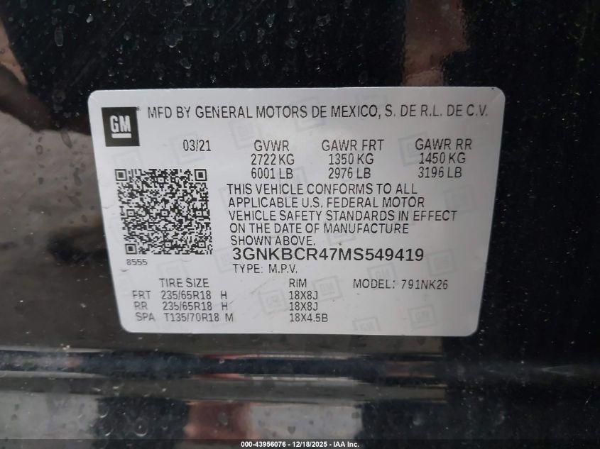 2021 Chevrolet Blazer Fwd 2Lt VIN: 3GNKBCR47MS549419 Lot: 43956076