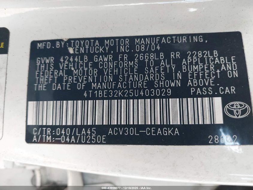 2005 Toyota Camry Xle VIN: 4T1BE32K25U403029 Lot: 43956077