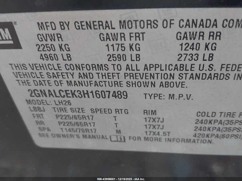 2017 Chevrolet Equinox Lt VIN: 2GNALCEK3H1607489 Lot: 43956081