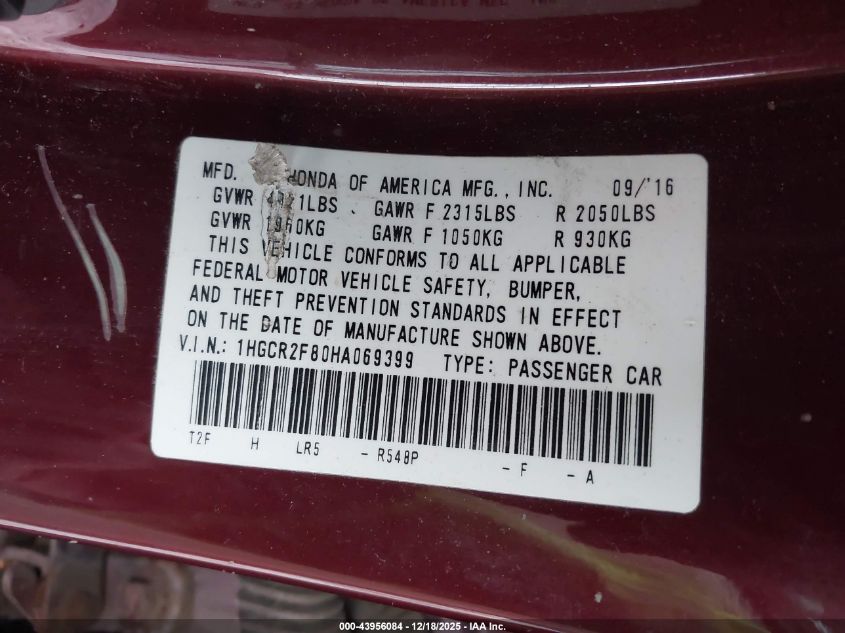 2017 Honda Accord Ex-L VIN: 1HGCR2F80HA069399 Lot: 43956084