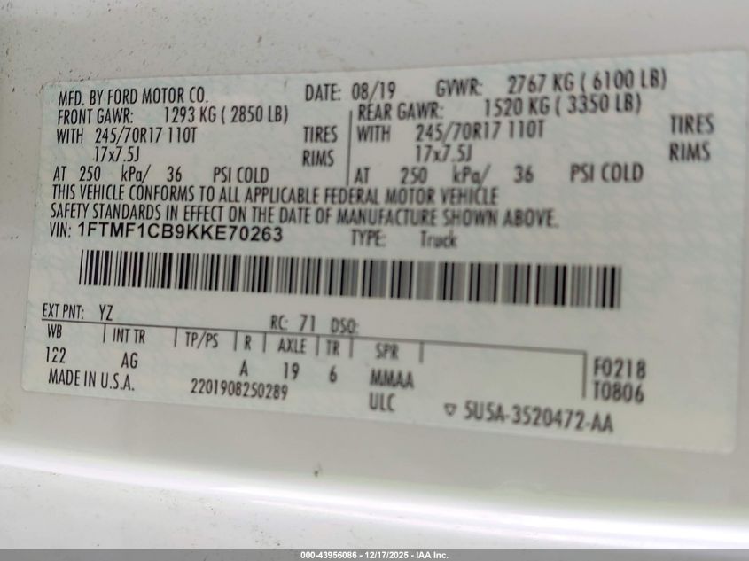 2019 Ford F-150 Xl VIN: 1FTMF1CB9KKE70263 Lot: 43956086