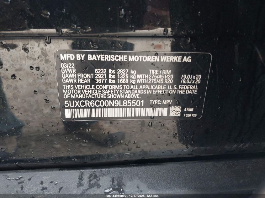 2022 BMW X5 xDrive40I VIN: 5UXCR6C00N9L85501 Lot: 43956092