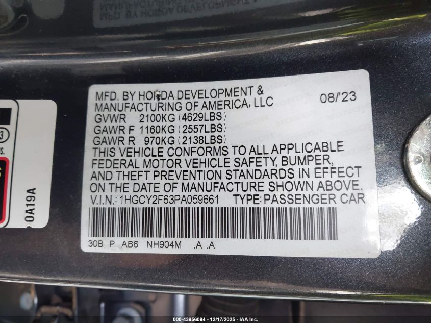 2023 Honda Accord Hybrid Ex-L VIN: 1HGCY2F63PA059661 Lot: 43956094