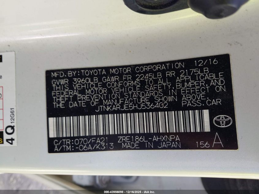 2017 Toyota Corolla Im VIN: JTNKARJE5HJ536402 Lot: 43956098