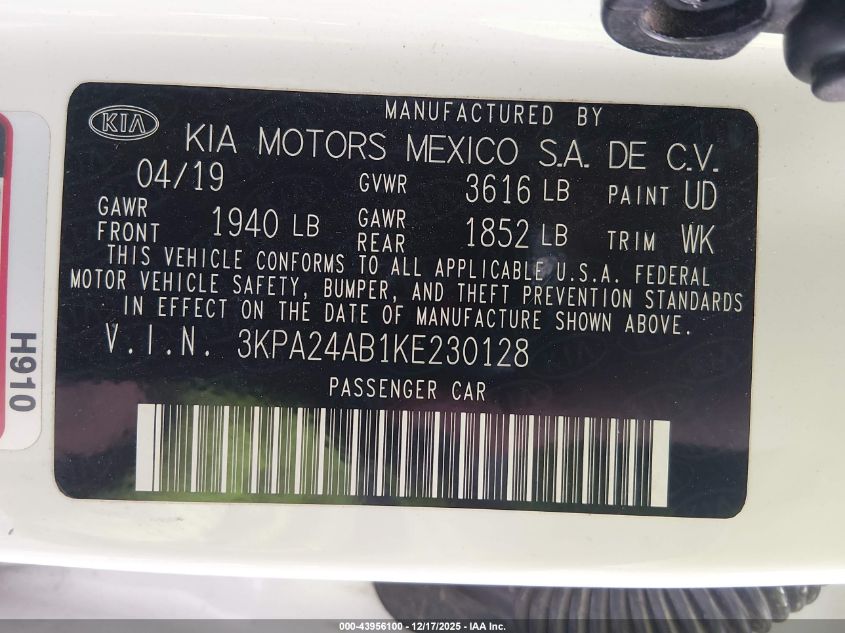 2019 Kia Rio Lx VIN: 3KPA24AB1KE230128 Lot: 43956100
