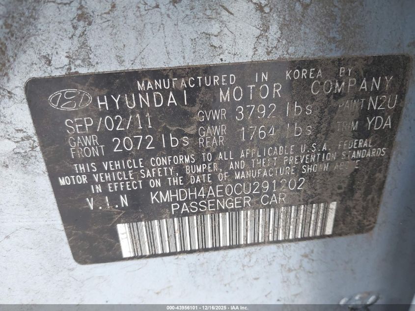 2012 Hyundai Elantra Gls (Ulsan Plant) VIN: KMHDH4AE0CU291202 Lot: 43956101
