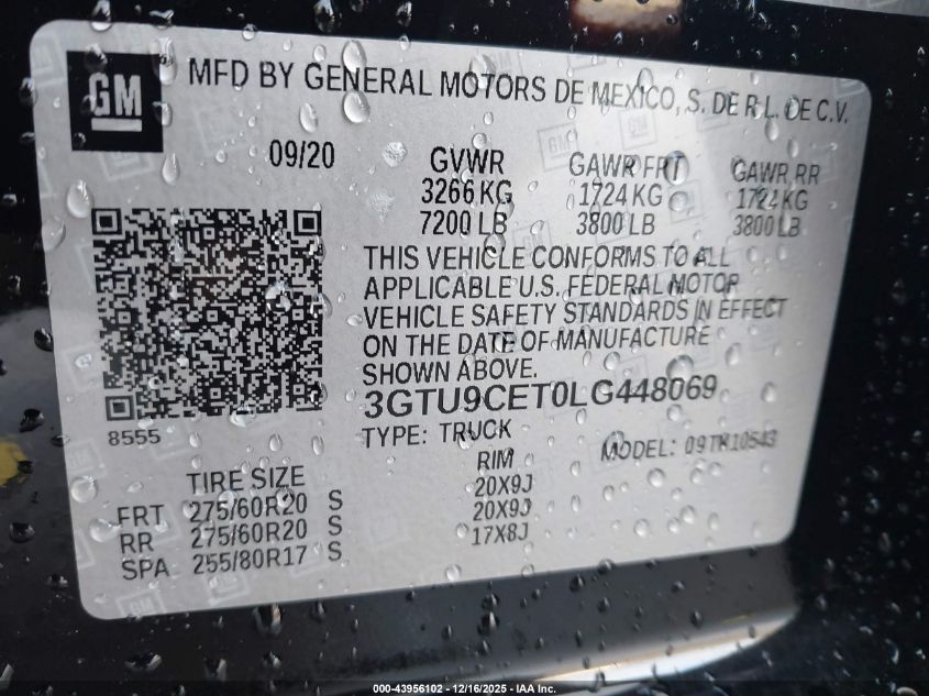 2020 GMC Sierra 1500 4Wd Short Box Elevation VIN: 3GTU9CET0LG448069 Lot: 43956102