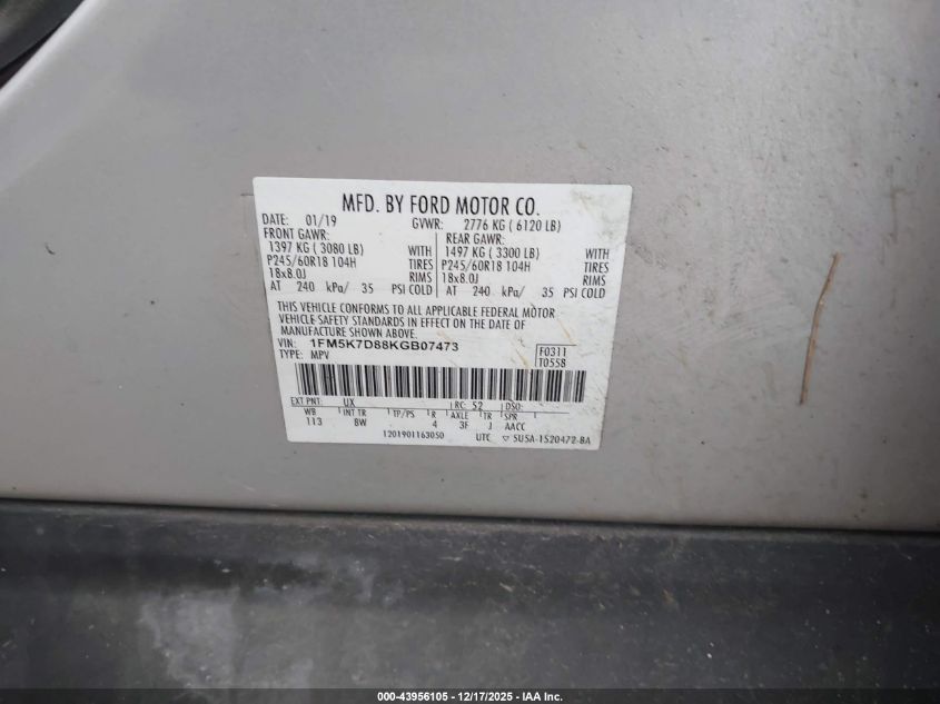 2019 Ford Explorer Xlt VIN: 1FM5K7D88KGB07473 Lot: 43956105