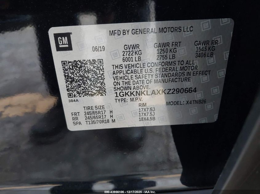 2019 GMC Acadia Sle-1 VIN: 1GKKNKLAXKZ290664 Lot: 43956106