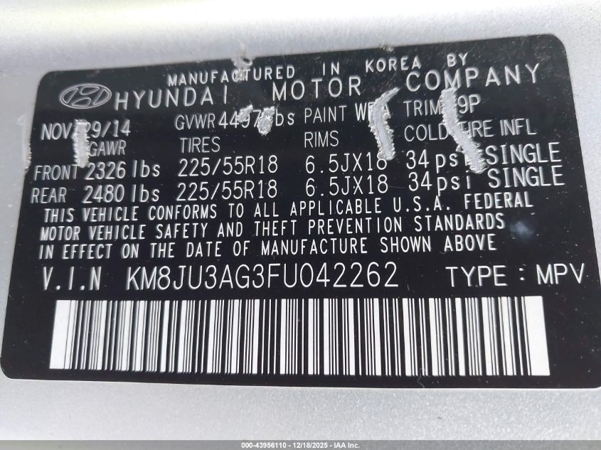 2015 Hyundai Tucson Limited VIN: KM8JU3AG3FU042262 Lot: 43956110