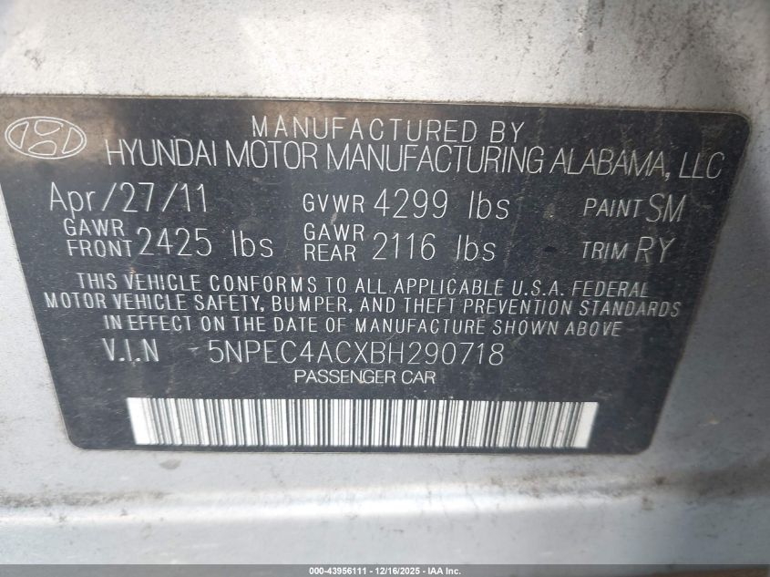 2011 Hyundai Sonata Limited VIN: 5NPEC4ACXBH290718 Lot: 43956111