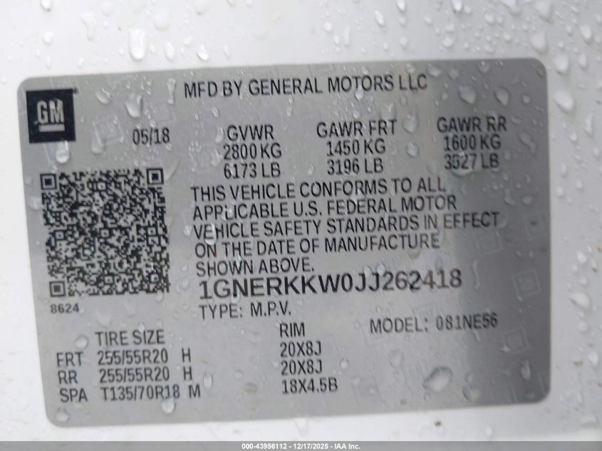 2018 Chevrolet Traverse Premier VIN: 1GNERKKW0JJ262418 Lot: 43956112