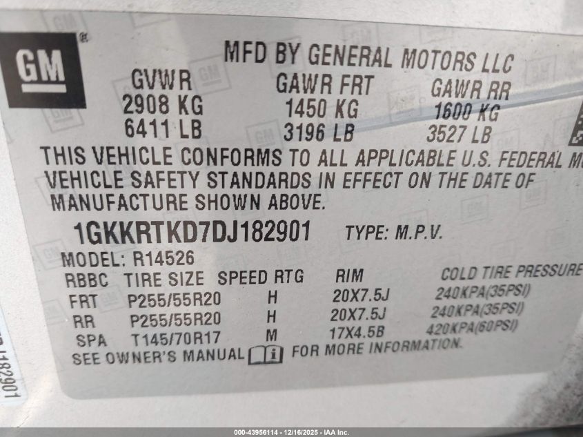 2013 GMC Acadia Denali VIN: 1GKKRTKD7DJ182901 Lot: 43956114