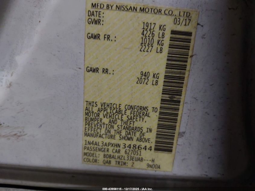 2017 Nissan Altima 2.5 Sr VIN: 1N4AL3APXHN348644 Lot: 43956115