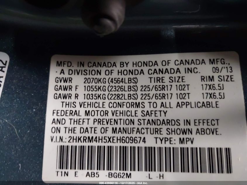 2014 Honda Cr-V Ex VIN: 2HKRM4H5XEH609674 Lot: 43956116