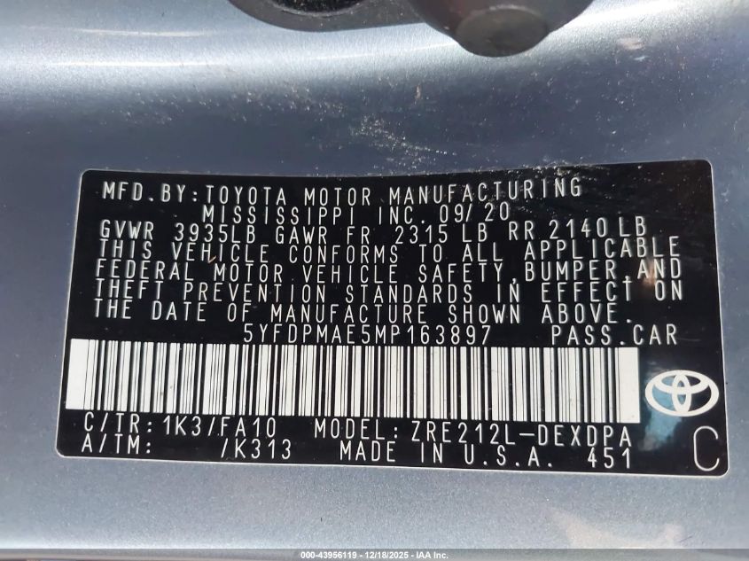 2021 Toyota Corolla L VIN: 5YFDPMAE5MP163897 Lot: 43956119