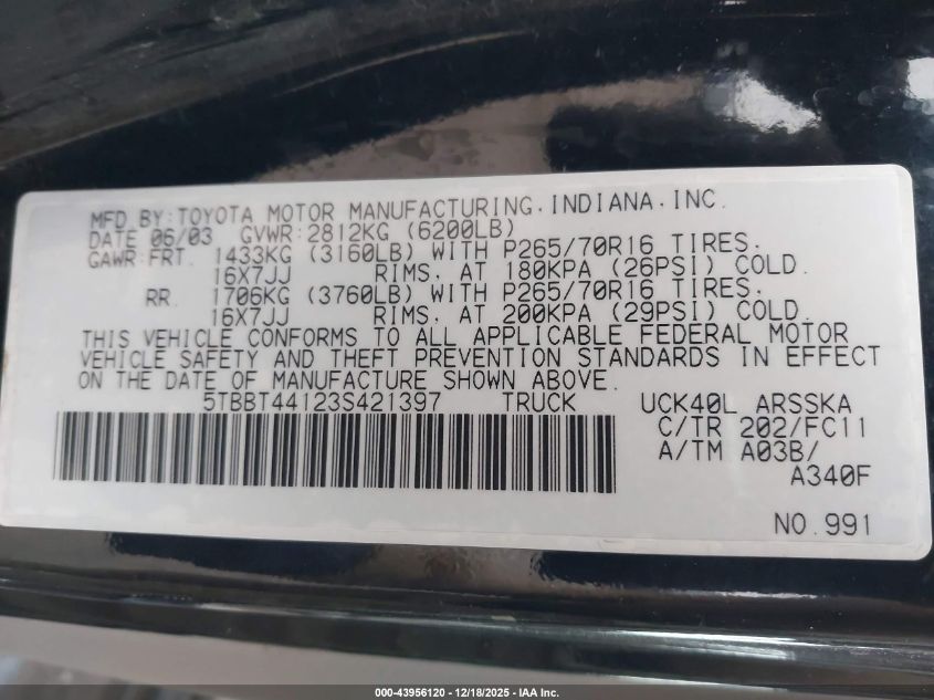 2003 Toyota Tundra Sr5 V8 VIN: 5TBBT44123S421397 Lot: 43956120