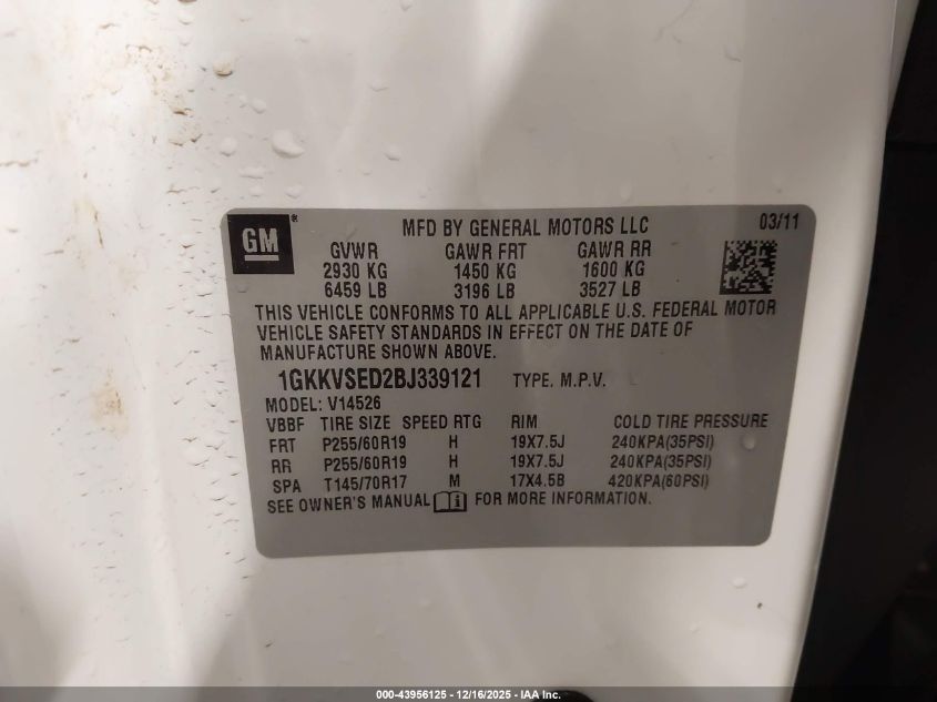 2011 GMC Acadia Slt-2 VIN: 1GKKVSED2BJ339121 Lot: 43956125