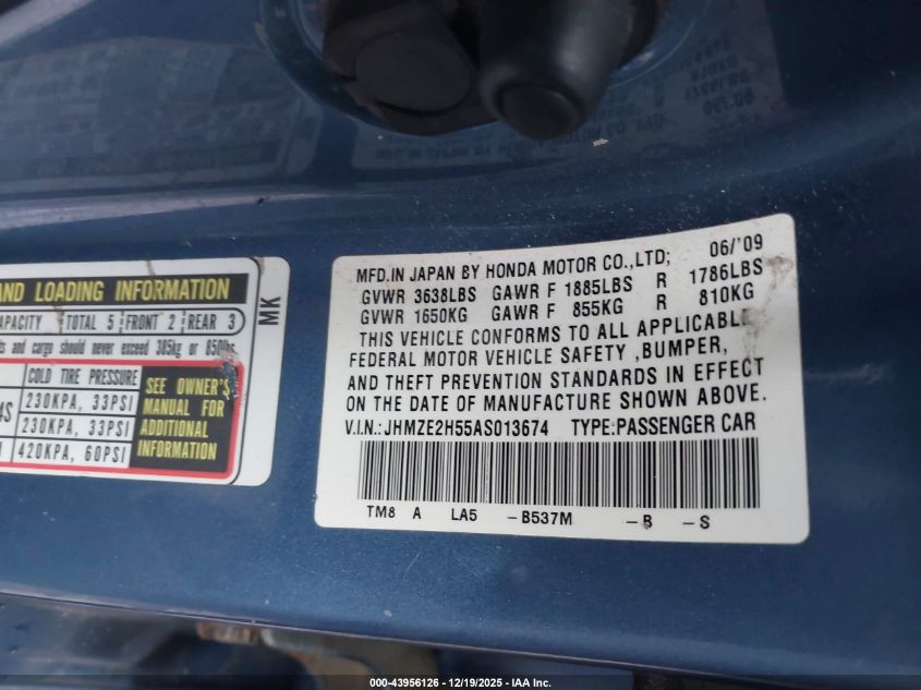2010 Honda Insight Lx VIN: JHMZE2H55AS013674 Lot: 43956126