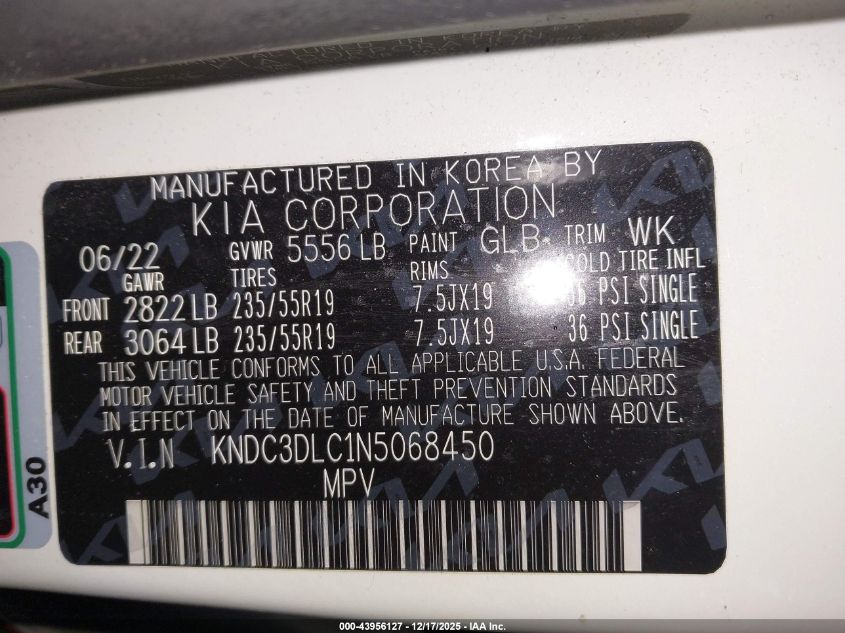 2022 Kia Ev6 Wind VIN: KNDC3DLC1N5068450 Lot: 43956127