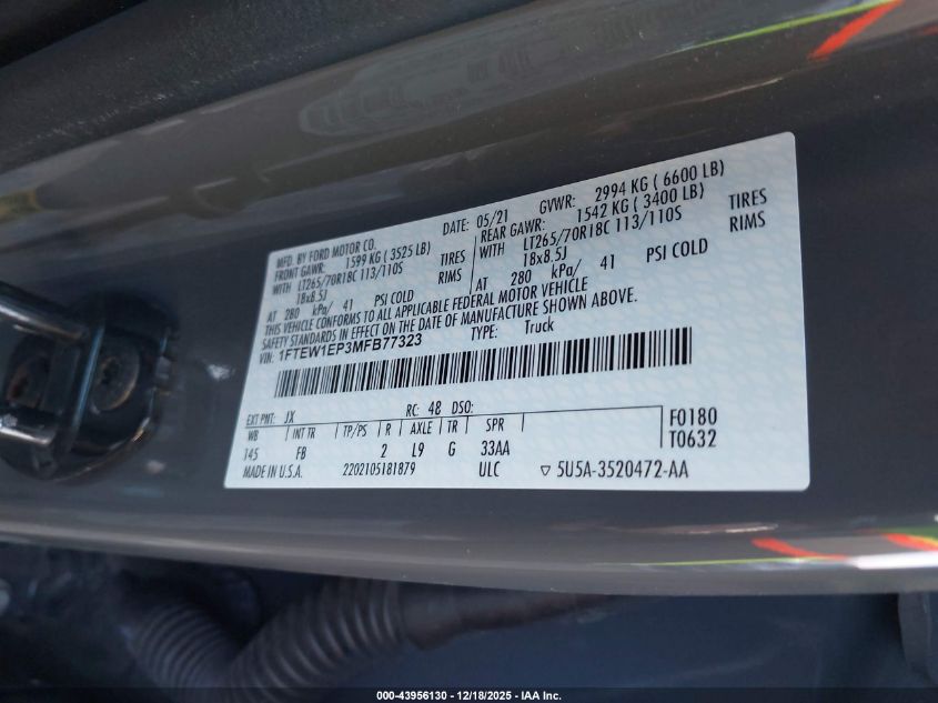 2021 Ford F-150 Xlt VIN: 1FTEW1EP3MFB77323 Lot: 43956130