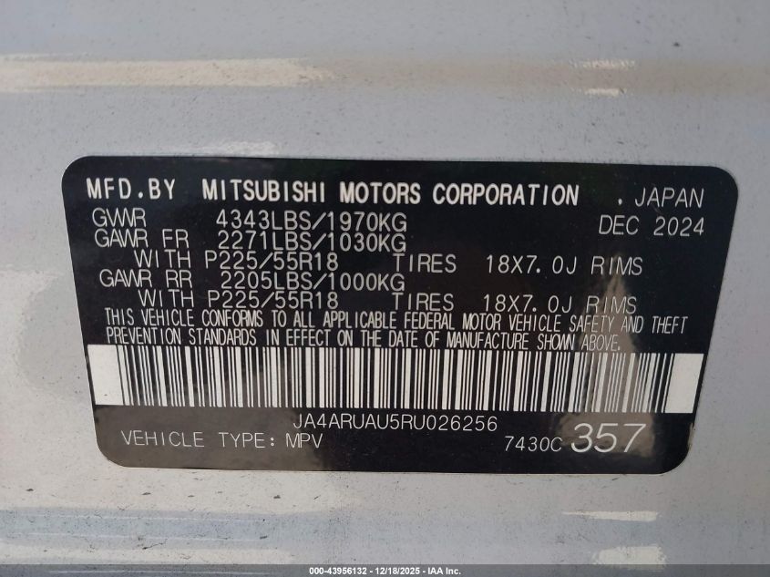 2024 Mitsubishi Outlander Sport 2.0 Es Awc/2.0 Le Awc/2.0 Ralliart Awc/2.0 S Awc/2.0 Se Awc/2.0 Trail Edition Awc/Es/S/Trail Edition VIN: JA4ARUAU5RU026256 Lot: 43956132