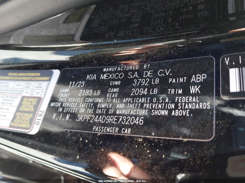 2024 Kia Forte Lxs VIN: 3KPF24AD9RE732046 Lot: 43956136