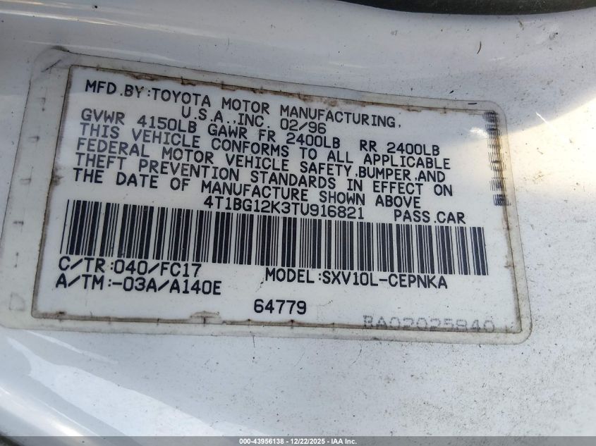 1996 Toyota Camry Dx/Le/Xle VIN: 4T1BG12K3TU916821 Lot: 43956138